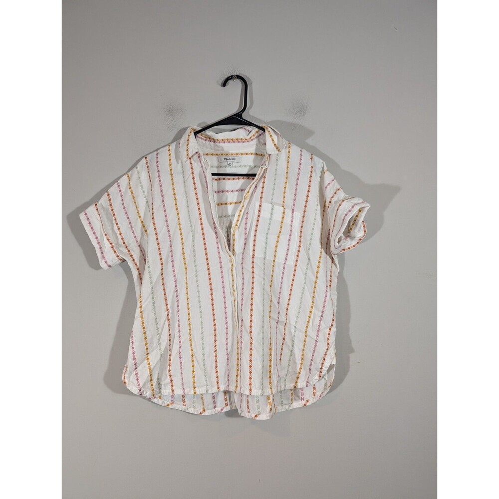 Madewell‎ Top Women Sz XS White Boho Short Sleeve Oversized Daily Shirt Rainbow